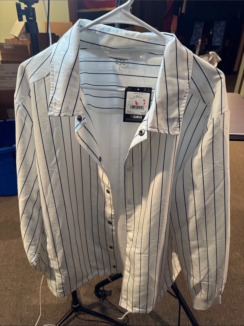 DSG White Button-Up Jacket with Black Pinstripes
